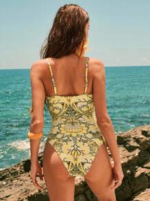 Anewsta Elegant Women's Floral Print Spaghetti Strap One-Piece Swimsuit, Perfect For Vacation For Summer