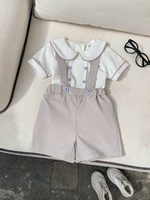 SHEIN 2 件婴儿/幼儿白色短袖上衣，有领子和纽扣装饰，配色短裤和吊带，款式简洁清新，适合儿童 - 彩色 - 查看 4