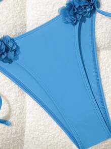 Swim Mod 女士两件套沙滩装泳衣，优雅纯色露背领口和 3D 花卉装饰，休闲度假风格 - 藍色 - 查看 3