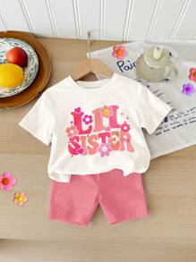 SHEIN Happikins Matching Sister Sets Cute Pink Letter "Lil Sister" & Flower Print, Baby Girl Casual Minimalist Round Neck Short Sleeve T-Shirt & Skinny Shorts Suit, Suitable For Spring/Summer - Multicolor - View 4
