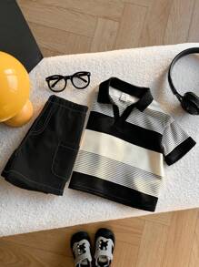 SHEIN 2 件套男婴休闲条纹 Polo 衫和白色短裤套装，适合生日派对、晚会、婚礼、迎婴会、1 岁生日庆祝活动和其他场合男婴夏季套装男婴条纹 Polo 衫和短裤套装黑白男婴服装，返校服装 - 彩色 - 查看 6