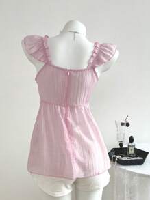 Breezaya 甜美性感女士蝴蝶结盖袖衬衫，采用网眼雪纺面料制成，娃娃装上衣 - 粉色 - 查看 2