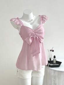 Breezaya 甜美性感女士蝴蝶结盖袖衬衫，采用网眼雪纺面料制成，娃娃装上衣 - 粉色 - 查看 6