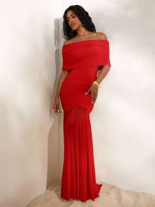 Opulessa 1 件女士纯色针织网眼露肩修身鱼尾裙