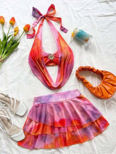 Soleia Women 2 Pieces Sunset Ombre Color Plunging Neck Floral Metal Buckle Decor Halter Top & Multi-Layered Ruffle Hem Mini Skirt Set, Casual Vacation, Beach, Cruise, City Holiday, Music Festival Boho Style Sunset Color Outfit Beach Outfits For Woman Skirt Set