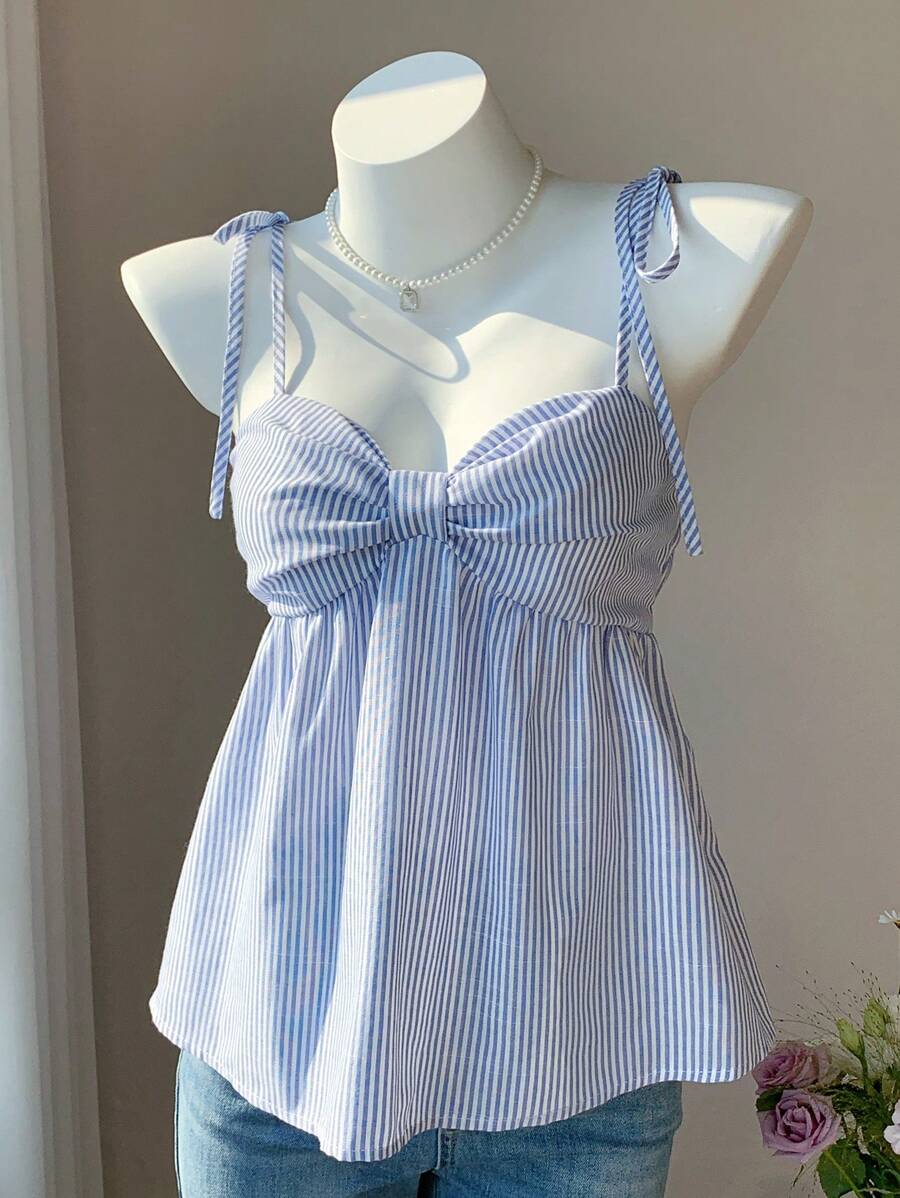 Comfortcana Women's Summer Pleated Stripe Casual Vacation Camisole Top, Babydoll Top - Blue and White - View 1