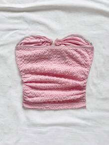 Soleia Women's Vacation White Knitted Texture Strapless Crop Top With Hollow Out Heart Metal Buckle Decor, Fitted Silhouette, Suitable For Party, Date, Afternoon Tea, Beach, Music Festival, Carnival Pink