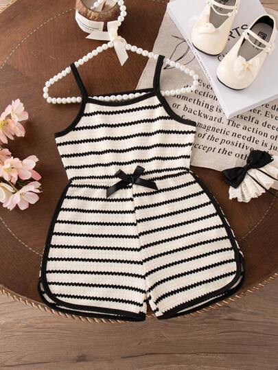 SHEIN Elladie kids Sommarny minimalistisk svartvit randig svart färgblocksjumpsuit med justerbara remmar, rosett i midjan, avslappnad sportjumpsuit