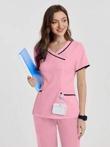 TaskEZ Áo đồng phục phẫu thuật tay ngắn cổ chữ V có túi cho nữ - Màu Hồng  San hô - Xem 6