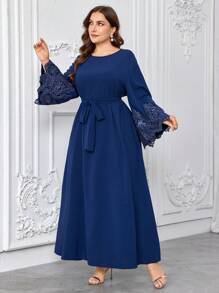 Graceveil 加大码宽松花卉刺绣喇叭袖蕾丝花边系带阿拉伯连衣裙，适合度假和派对 - 藏蓝色 - 查看 6