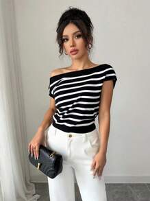 Selianne 女士时尚露肩条纹下摆收腰T恤，高弹力，夏季