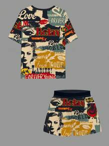 Slaydiva 2pcs 2025 Spring/Summer Jersey Casual Outfit, Retro Poster Print Women's Set - Multicolor - View 2