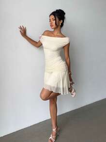 Siren Gaze 夏季新款蝴蝶兰不对称领口网眼性感迷你连衣裙优雅连衣裙太阳裙女士荷叶边下摆连衣裙生日女士短裙夏季