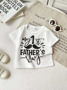 SHEIN Baby Jungen & Mädchen Cute Funny Mein erster Vatertag Buchstaben Grafik T-Shirt, weiches komfortables Strickgewebe, geeignet für Neugeborene, Outdoor, Vatertag, Fotoshooting, Alltag Lässig Tragen, Frühling/Sommer