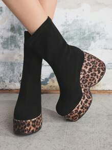 Sugerpunk 女式豹纹天鹅绒圆头厚底一脚蹬踝靴，时尚黑色短款中筒靴 - 黑色 - 查看 12