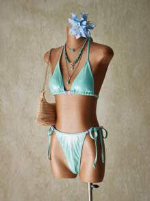 SHEIN ICON Set di bikini sexy a due pezzi con collo alto, schiena aperta e dettagli di perline