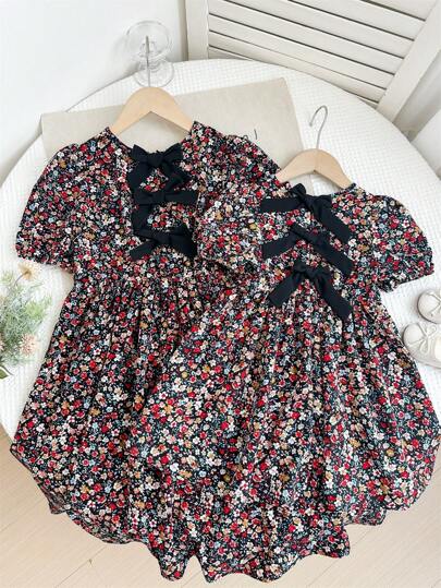 SHEIN LMoss Kids 少女碎花圆领泡泡袖修身休闲连衣裙