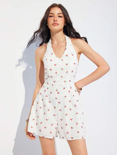 Roylia Fashionable Textured Cherry Print V-Neck Camisole Romper