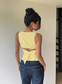 Aloruh Women's Commuting & Daily Wear Backless Bow Decor Round Neck Sleeveless Shirt, Yellow Top - Yellow - View 7