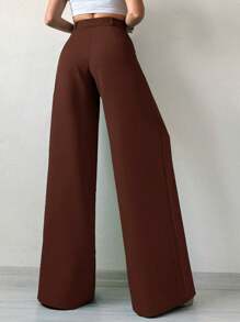 EURMUSE Solid Color Pleated Wide-Leg Suit Pants - Brown - View 2