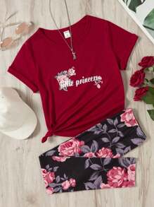 SHEIN 毛孩女孩花卉&字母圖形t恤和緊身褲