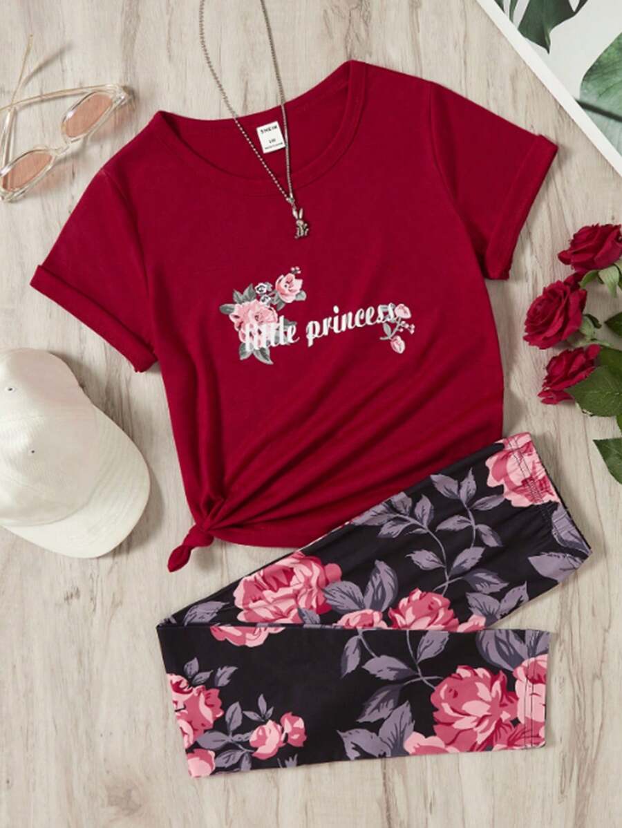 SHEIN 毛孩女孩花卉&字母圖形t恤和緊身褲