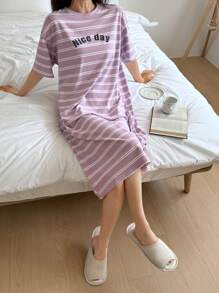 DAZY 女士字母印花条纹宽松T恤连衣裙家居服，Moo Moo 睡衣 - 紫色 - 查看 5