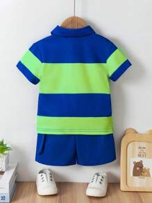 2pcs/Set Toddler Boys Blue Summer Casual Beach Clothes,Letter Print Color Block Striped Short Sleeve Polo Shirt And Cargo Shorts Set,Infant 6M-3T - Multicolor - View 2