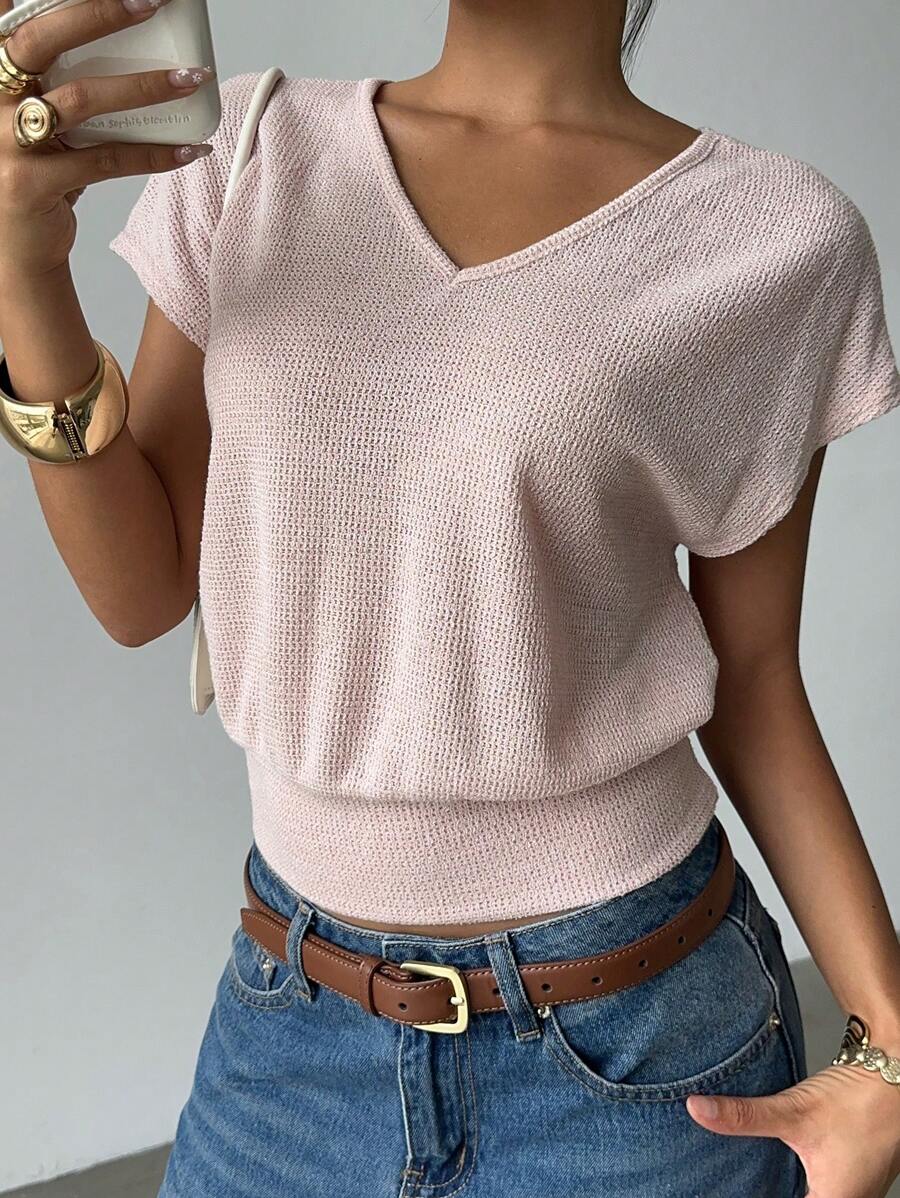 Siren Gaze New Summer Pink T-Shirt, Casual Waist V-Neck Drop Shoulder T-Shirt For Women, Cute Tops, Travel Tops - Apricot - View 1