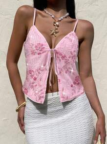 Serisse 夏季女士亮片刺绣吊带背心，锐舞派对服饰，伊比沙岛服饰，串珠粉色亮片上衣