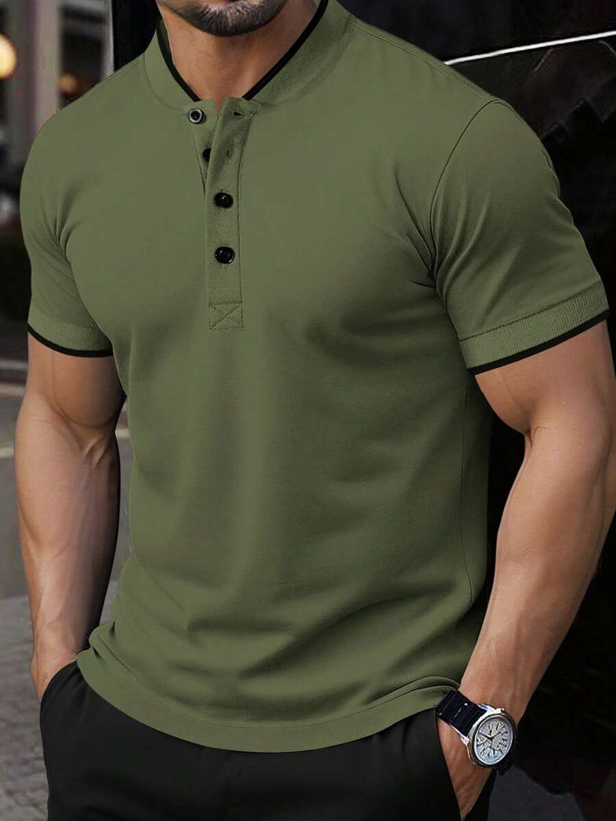 Calvornis Men's Green Polo Shirt,Short Sleeve Baseball Collar Button Detail Casual Summer Tops,Old Money Style Formal Comfortable Fabric Vacation, Ceremony - Army Green - View 1