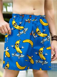 Pantalonetas de baño holgadas con estampado de plátano, gafas de sol y hojas en un estilo minimalista casual, adecuado para adolescentes en verano