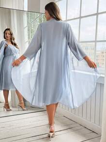 Ellevyn Plus Size Elegant And RomanticChiffon Two Pieces Set: Summer Elegant Flowing Chiffon Coat And Multi-Layered Ruffled Chiffon Waist Rhinestone Decoration Dress Spring/Summer Outfits For Women - Baby Blue - View 3