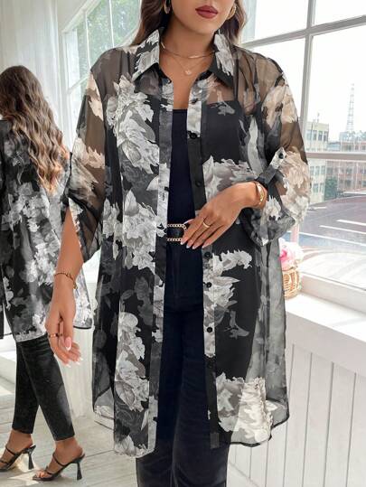 Reflora Plus Size Women Floral Print Roll Cuff Single Breasted Long Shirt For Vacation