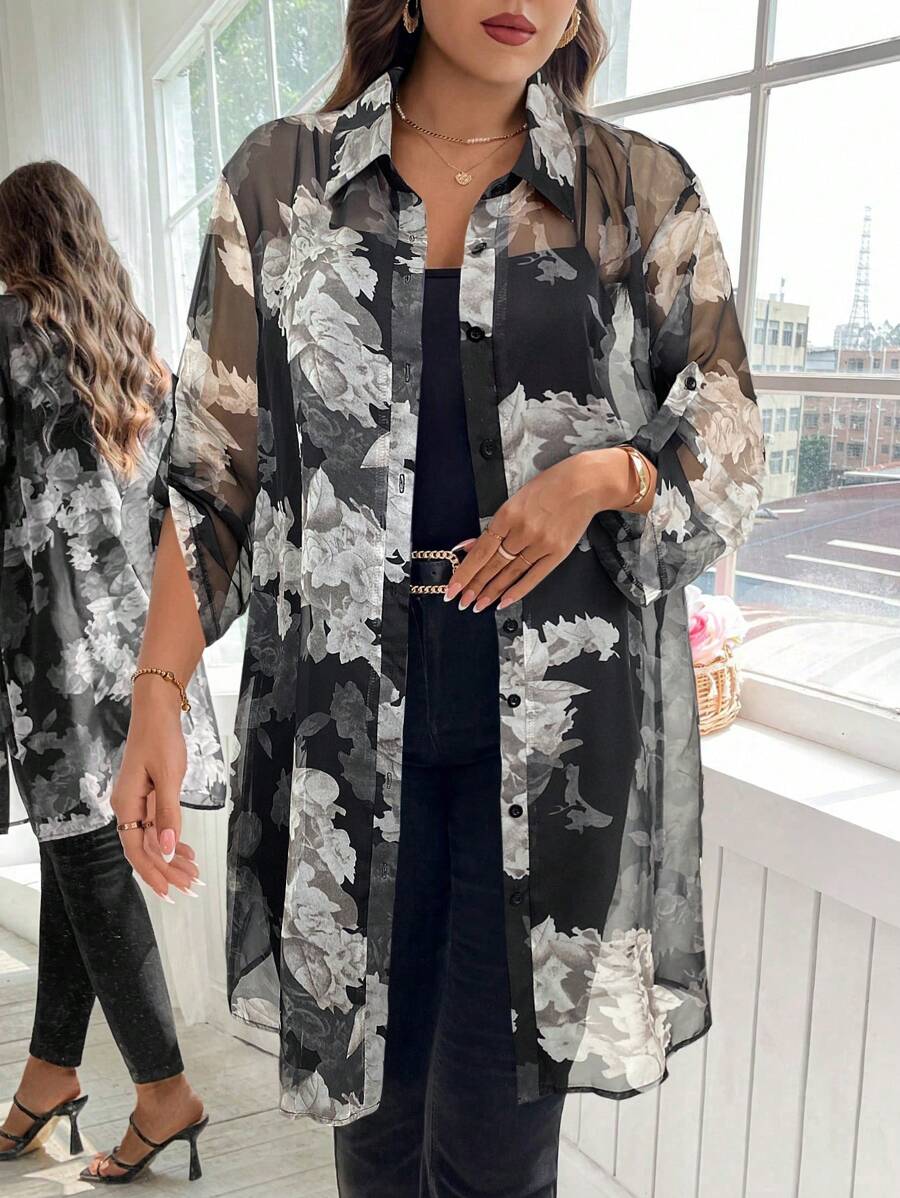 Reflora Plus Size Women Floral Print Roll Cuff Single Breasted Long Shirt For Vacation