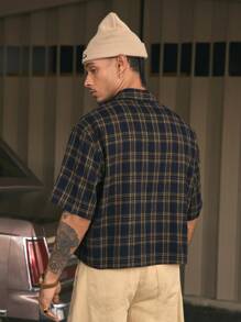 AXEPEAK 男士休闲格子宽松短袖衬衫，夏季，校园，街头风 - 淺藍色 - 查看 2