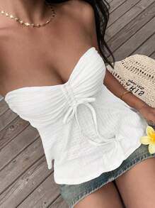 SHEIN EZwear White Knitted Bandeau Top With Drawstring For Women, Fashionable - White - View 3