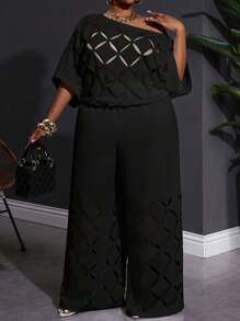 SHEIN CURVE+ Plus Size White Asymmetrical Shoulder Embroidered 2 Pieces Set, Elegant For Summer Vacation Graduation Dress/ Graduation Dresses For Women/ White Graduation Dress/ Graduation Outfit.Summer/Country/Beach Vacation Outfits/Beach Outfits/Beach Wear Plus Size 2 Piece Sets Plus Size Women Clothes 2 Piece 2 Piece Sets Curvy - Black - View 6