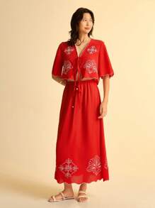 CAJUNI 红色刺绣裙，女性休闲度假风格 - 紅色 - 查看 6