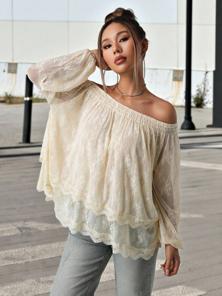 SHEIN ICON 女士性感单肩蕾丝拼接半透明衬衫，可双面穿 - 杏色 - 查看 1