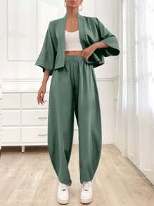 SHEIN Cottnline مجموعتين قطعتين مريحة للنساء ، صيفي ، كاجوال - أخضر نعناع - مشاهدة 4