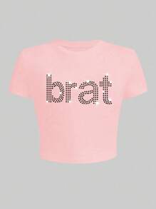 女式水钻图案短款上衣，Y2K 女孩休闲短款 T 恤，适合夏季派对 - 粉色 - 查看 3