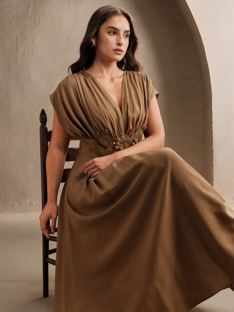 Elegant Floral Decor Waist Ruched Design Dress, Figure-Flattering, Suitable For Resort, Beach, Vacation, Spring/Summer, Festival, Graduation, Plus Size