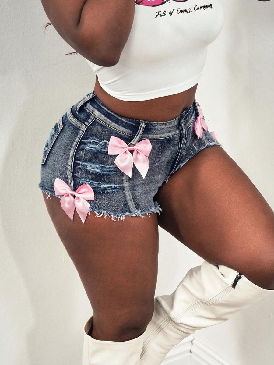 SHEIN Tall Women's Skinny Distressed Stretch Jeans With Bow, Blue Shorts For Summer