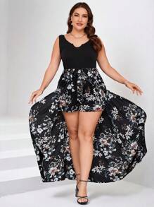 SHEIN Clasi Women Plus Size Woven Printed Knitted Solid Color Jumpsuit  Summer Music Festival - Multicolor - View 4