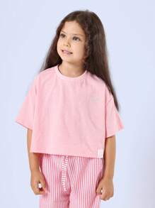 SUMWON Sunshine Happy Days Summer Co-Ord Set Seersucker Stripe Trouser Wide Leg Cropped T-Shirt Casual Holiday Beach Wear - Coral Pink - View 3