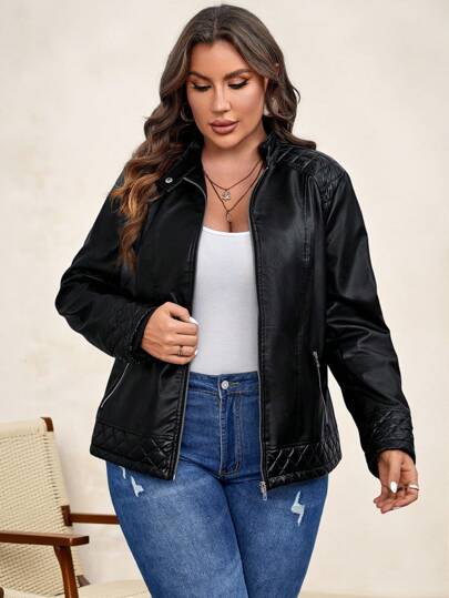 Chikora Plus Zip Up PU Leather Jacket, For Winter Fall Autumn