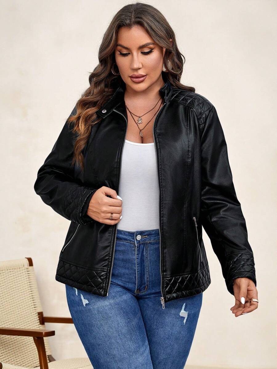 Chikora Plus Zip Up PU Leather Jacket, For Winter Fall Autumn - Black - View 1