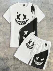AXEPEAK Ensemble t-shirt à manches courtes et short avec bloc de couleur et graphique de visage pour hommes, Amis