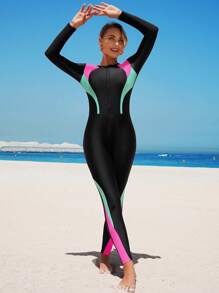 Swim Mulvari 1pc Multicolor Patchwork Wetsuit With Front Zipper, Long Sleeve & Long Pants, Middle Eastern Style Surfing Suit For Summer Beach Vacation - Black - View 4